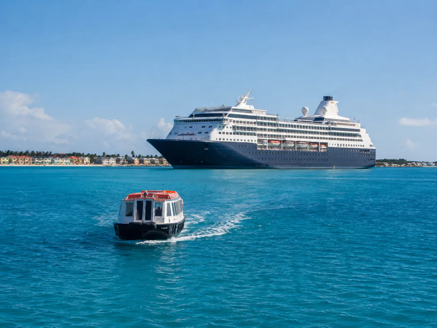 Un navire de croisière ancré au large d’un littoral bas aux bâtiments pastel, avec une navette orange se dirigeant vers la caméra — c’est ainsi que les passagers rejoignent George Town, qui ne dispose pas de quai.