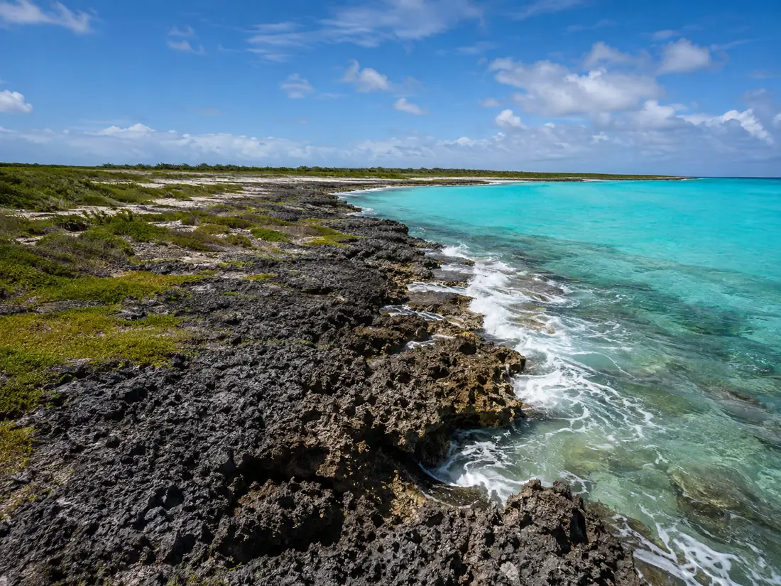 Calcaire d’ironshore noirci par les intempéries le long de la côte, avec les vagues qui se brisent en écume blanche et les eaux turquoise des hauts-fonds au large